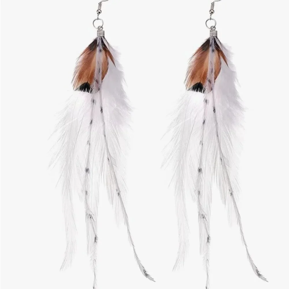 White Boho Feather Earrings – Long Bohemian Statement Jewelry